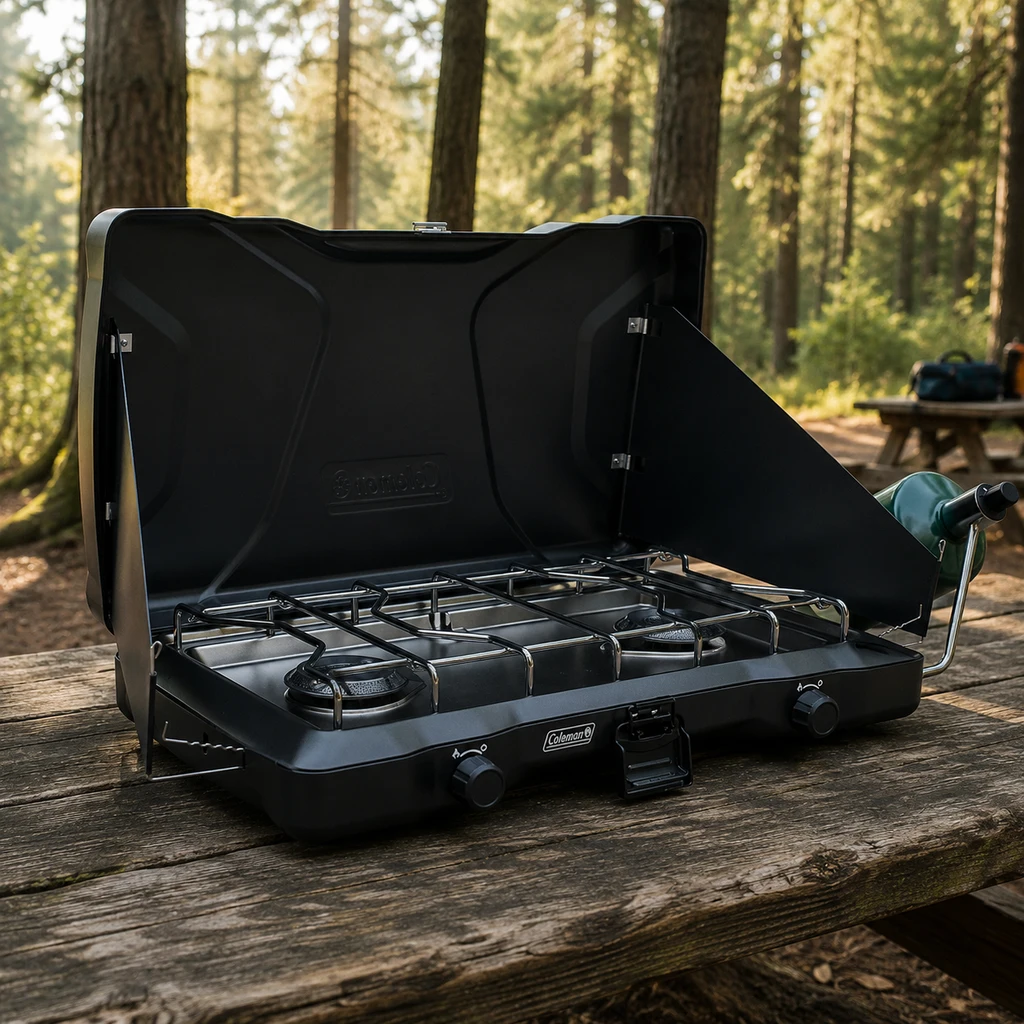 Coleman Triton two burner stove on a picnic table at a forest campsite