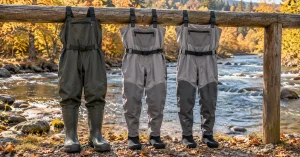 The best fishing waders hung on a rail beside an autumn river