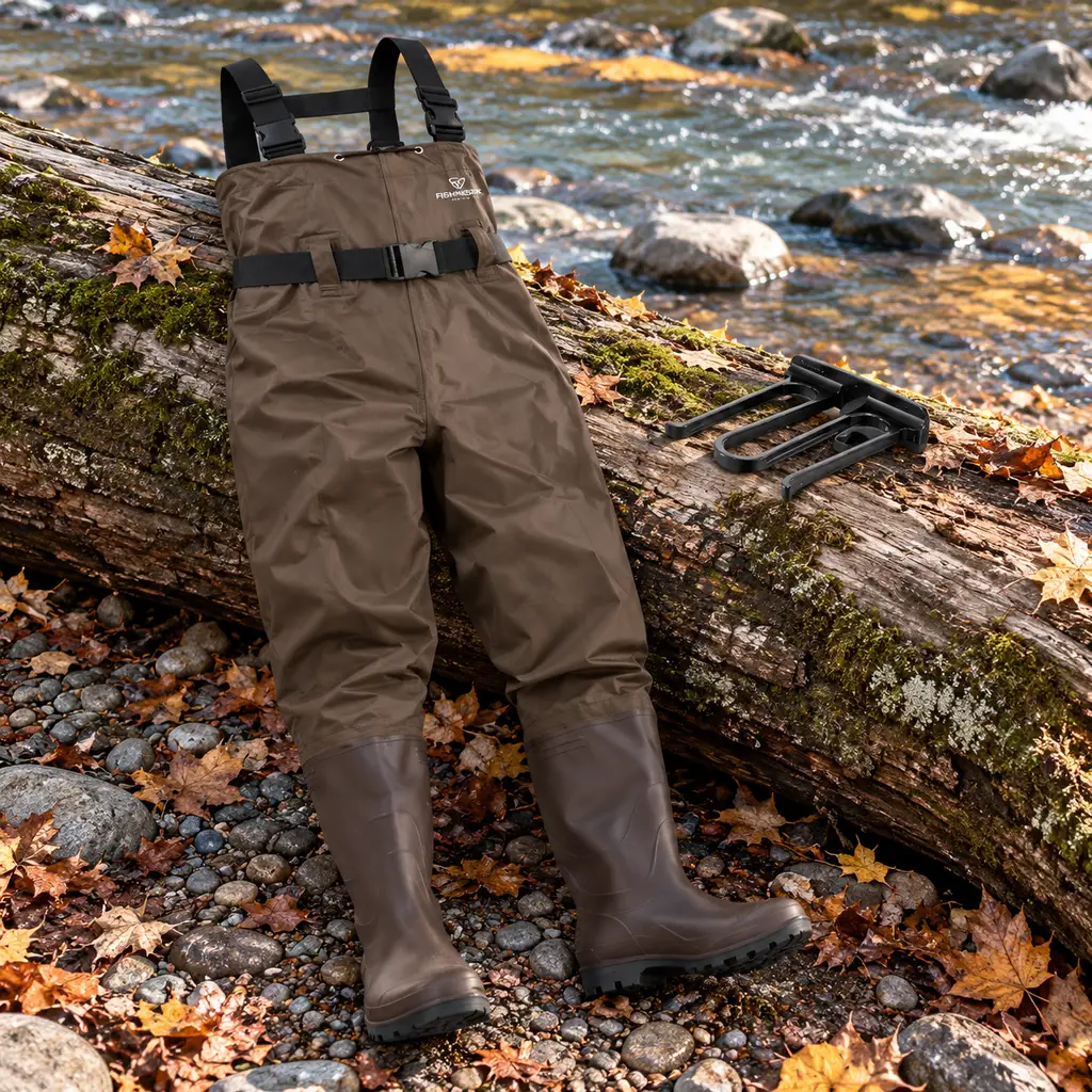 FISHINGSIR chest waders with attached boots laid over a fallen log
