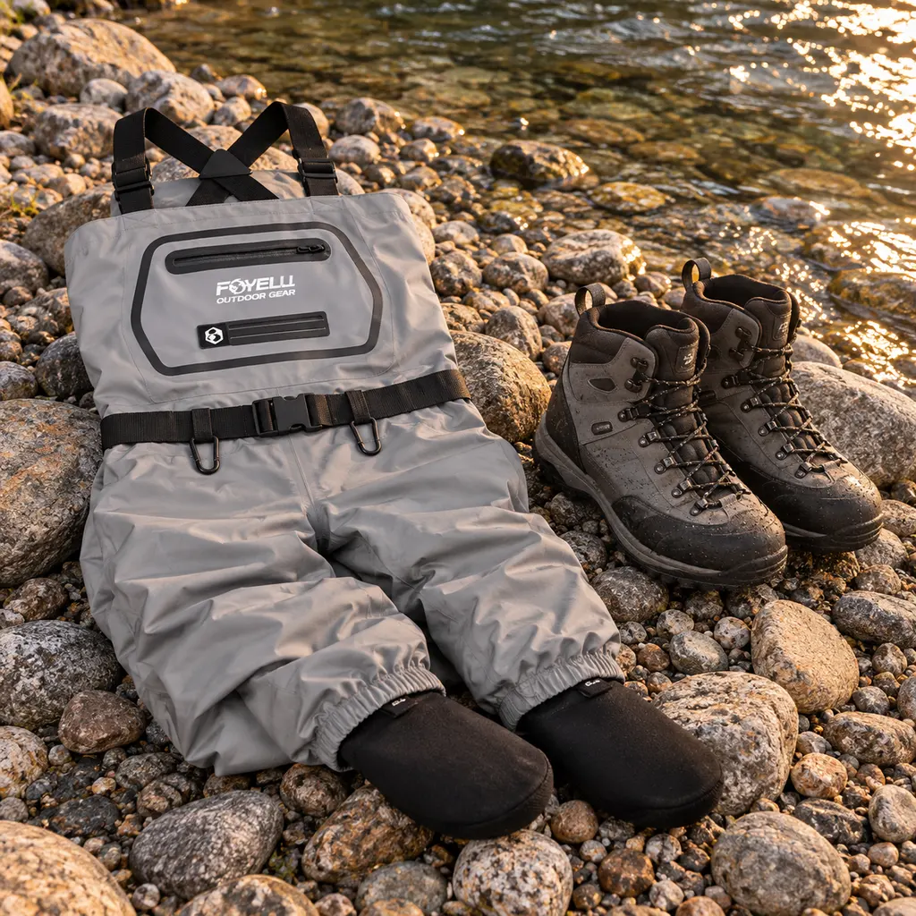 Foxelli breathable stockingfoot waders folded on a gravel bar with boots