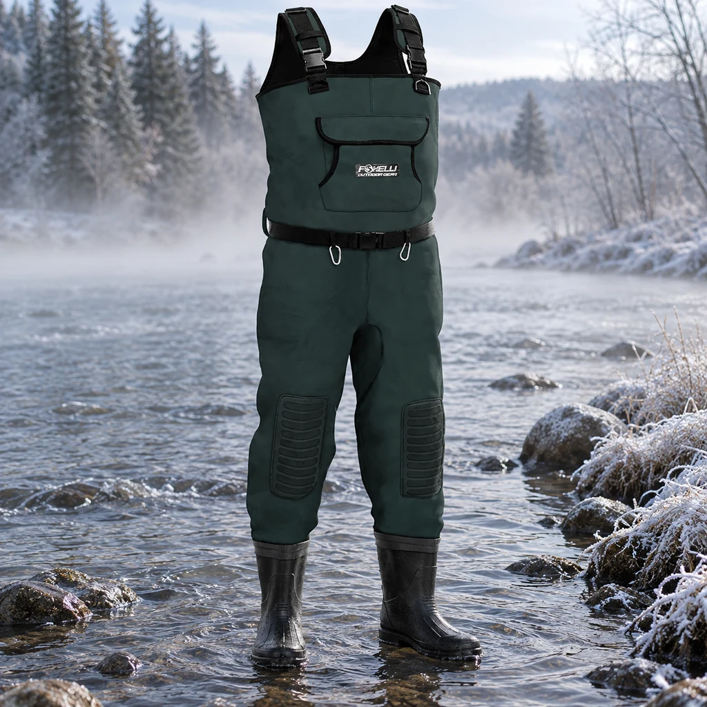 Foxelli 4mm neoprene bootfoot waders in shallow cold water on a frosted bank