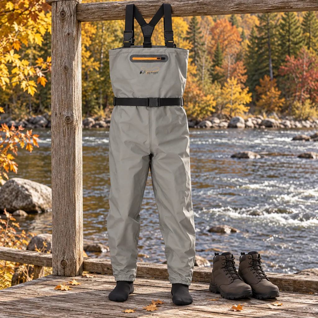 Frogg Toggs Canyon II stockingfoot waders hung on a rail with wading boots