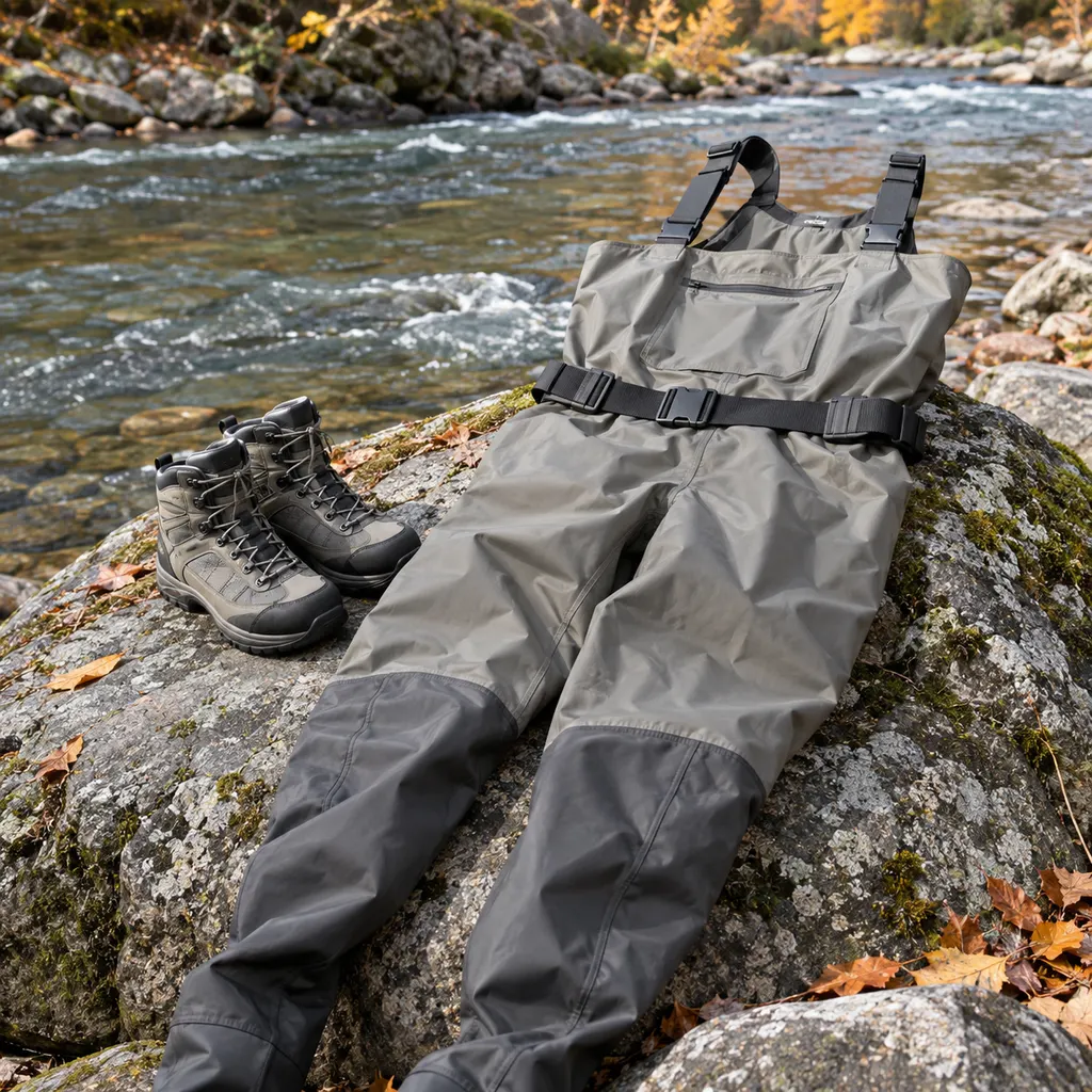 One of the best fishing waders over a boulder with a wading belt and boots