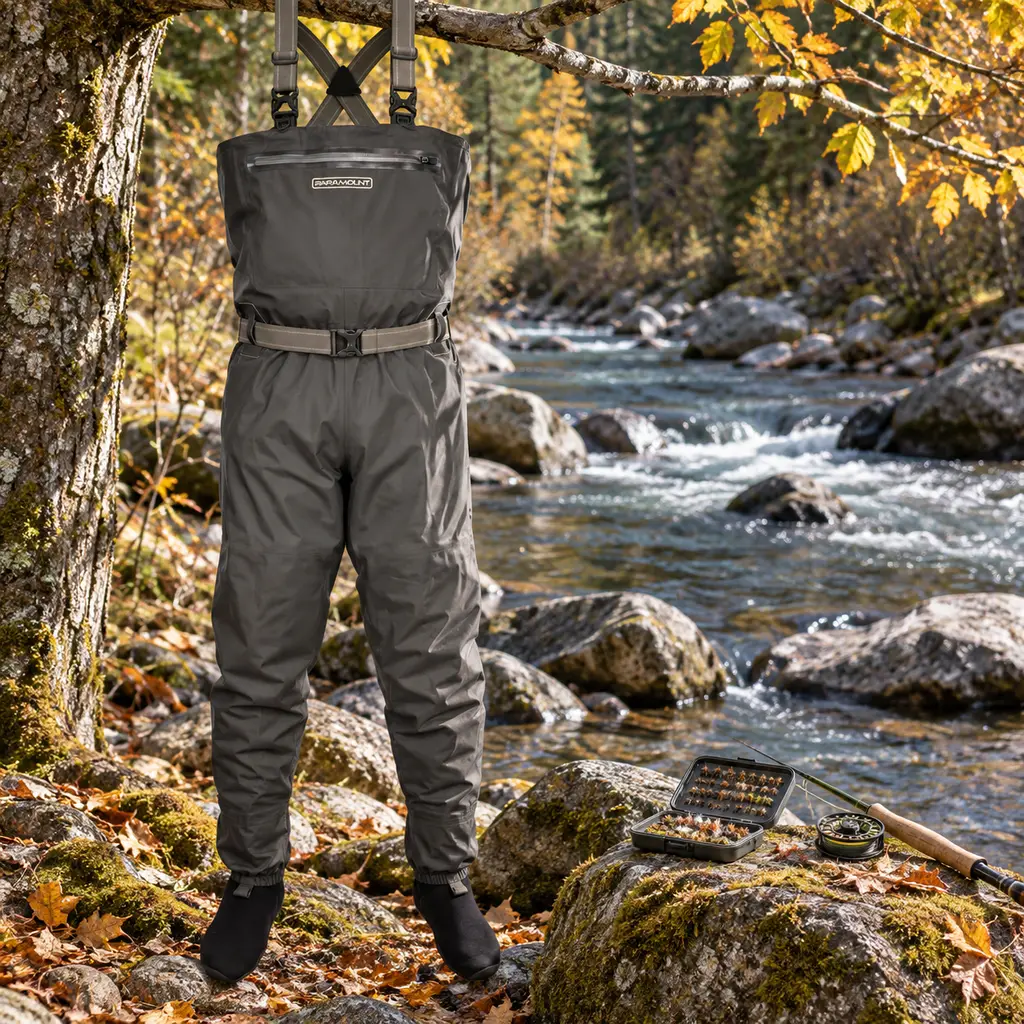 Paramount Stonefly stockingfoot waders on a branch beside a trout stream