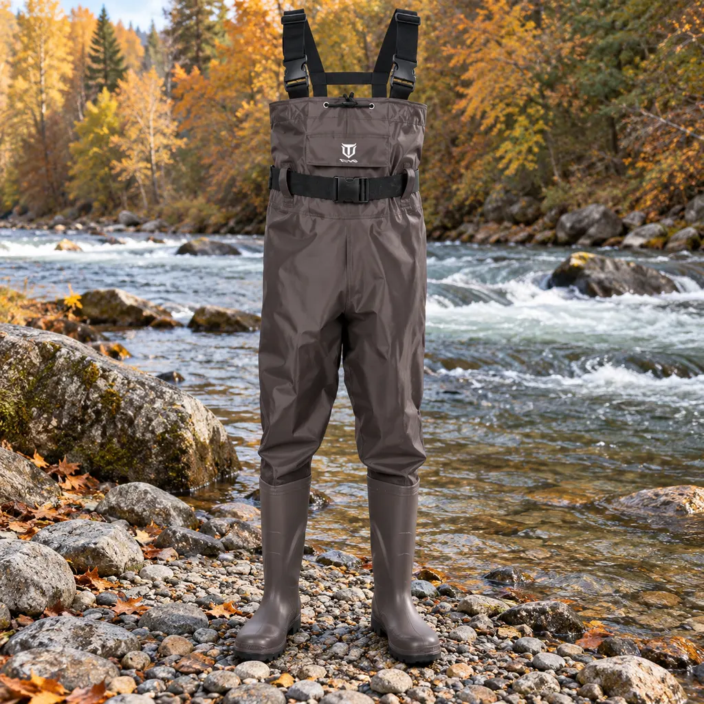 TIDEWE bootfoot chest waders standing on gravel at the edge of a river