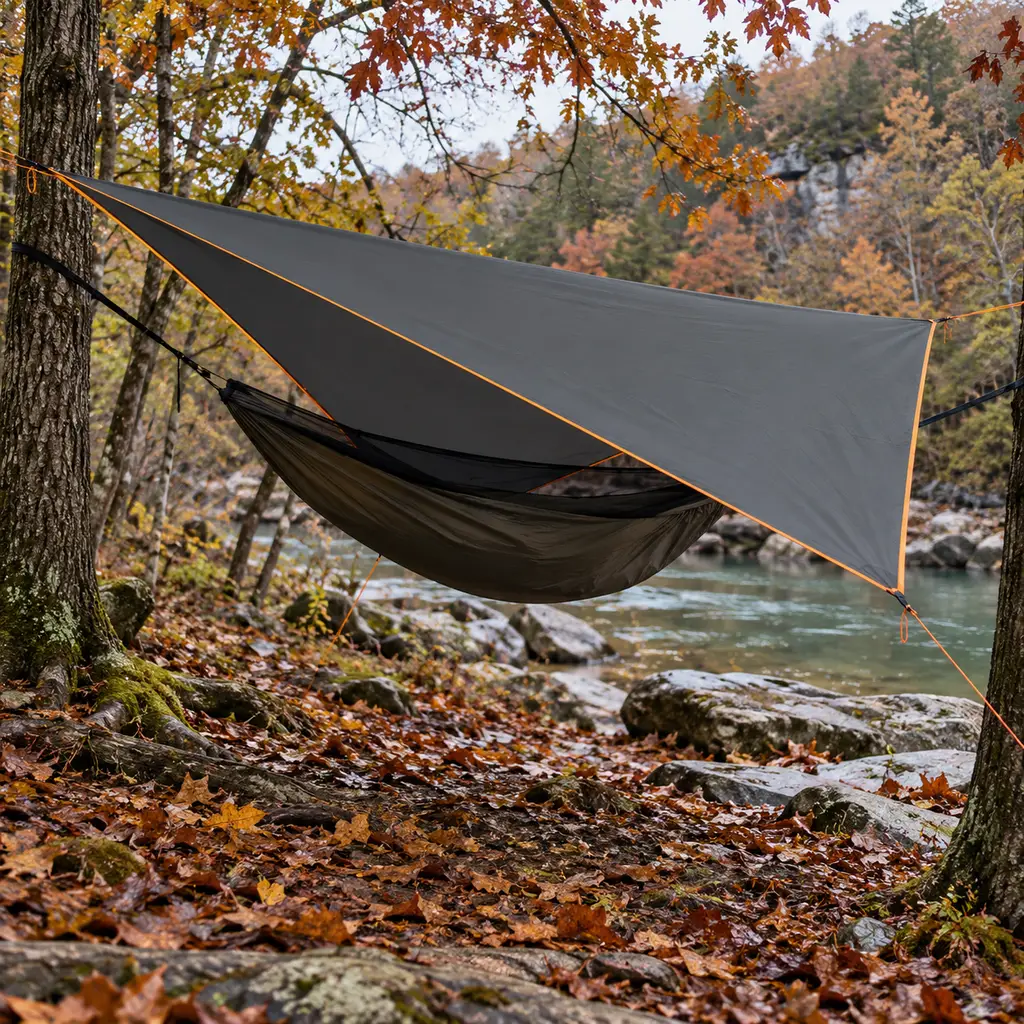 Bear Butt grey rain fly over a hammock at an Ozarks riverside camp