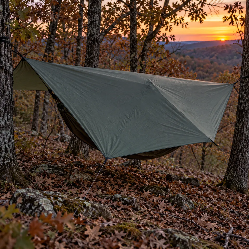 DD Hammocks Superlight square tarp pitched as a diamond over a Missouri hammock