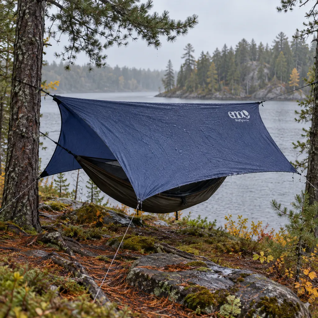 ENO ProFly navy hex tarp over a hammock by a Boundary Waters lake