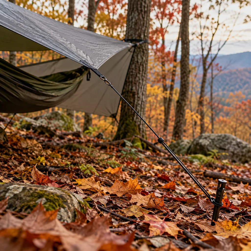 Best hammock tarps: ridgeline and guyline tensioned over a hammock in fall leaves