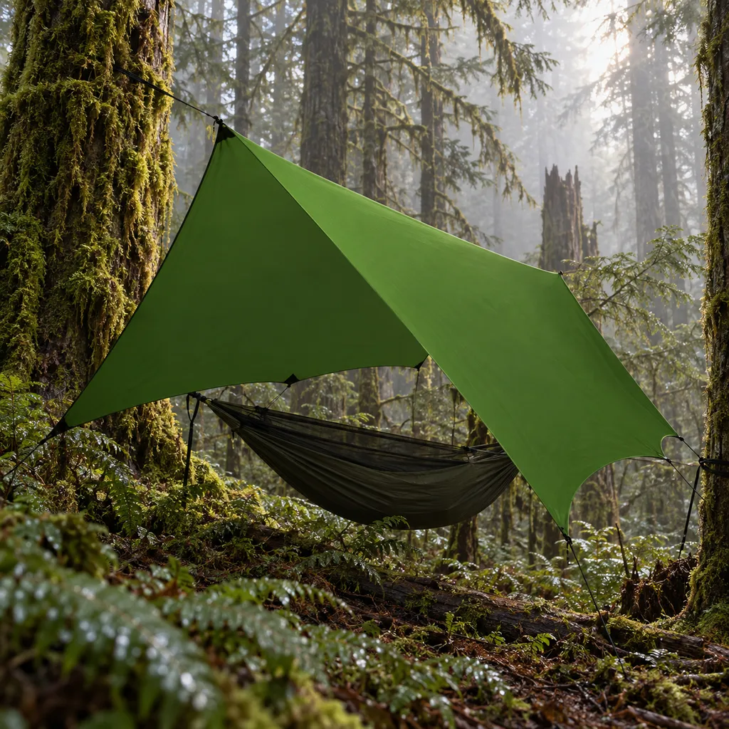 Kammok Kuhli Ultralight green tarp over a hammock in a misty Oregon forest
