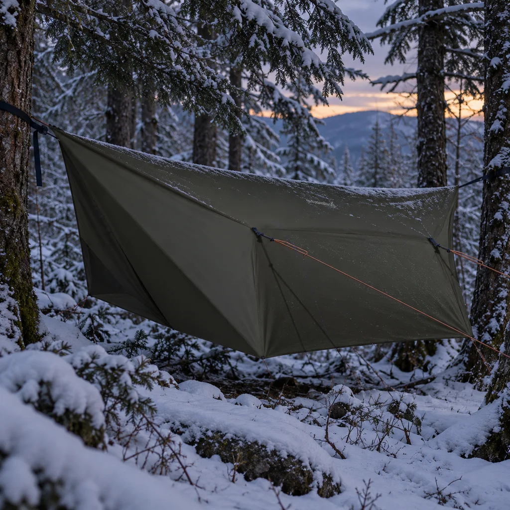 onewind olive tarp with doors closed over a hammock in a snowy Vermont forest