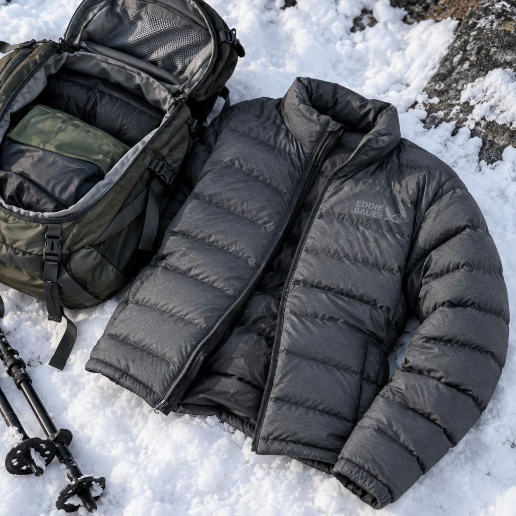 Eddie Bauer CirrusLite down jacket packed small beside an open daypack
