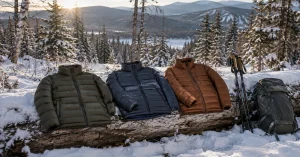 Three insulated hiking jackets laid out on a snowy log beside a daypack