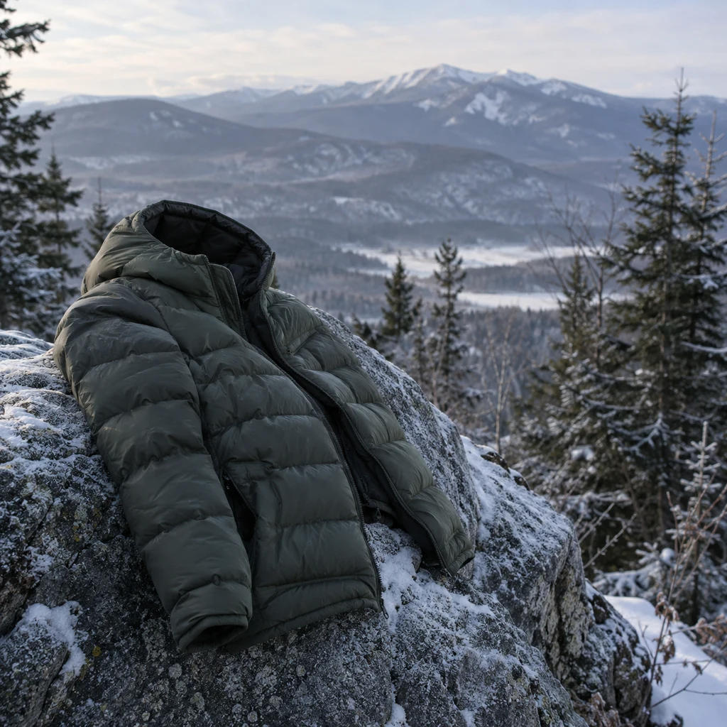 The best insulated jackets for hiking on a rock at a cold mountain viewpoint
