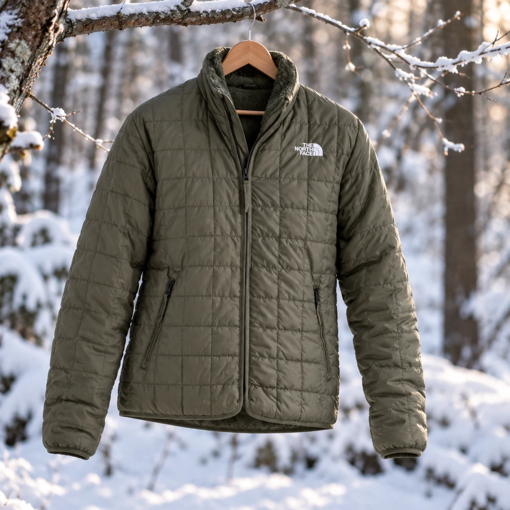 The North Face Junction insulated jacket hanging from a branch in snow