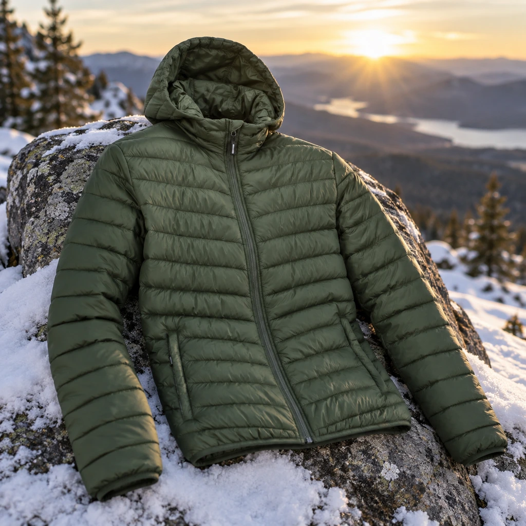 Outdoor Ventures packable hooded puffer jacket on a rock at a viewpoint
