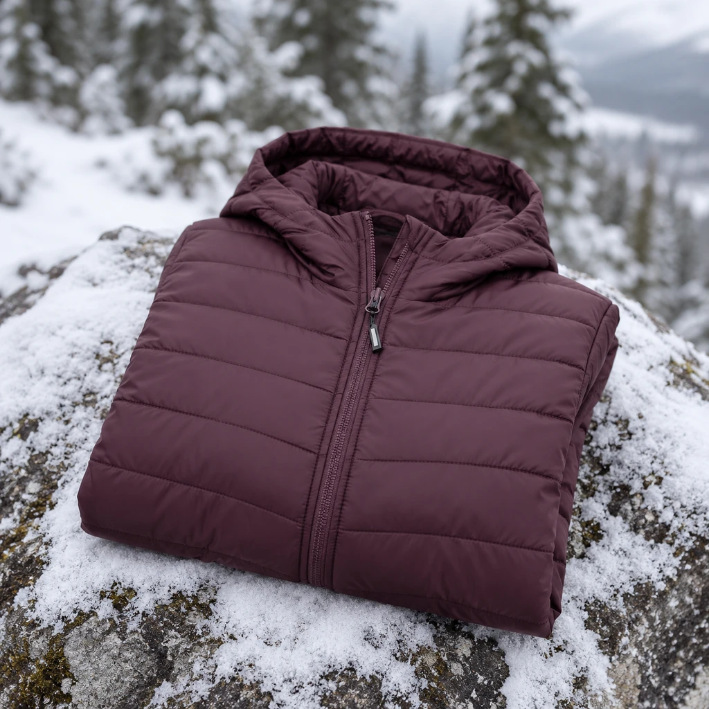 Outdoor Ventures womens packable puffer jacket folded on a snowy boulder