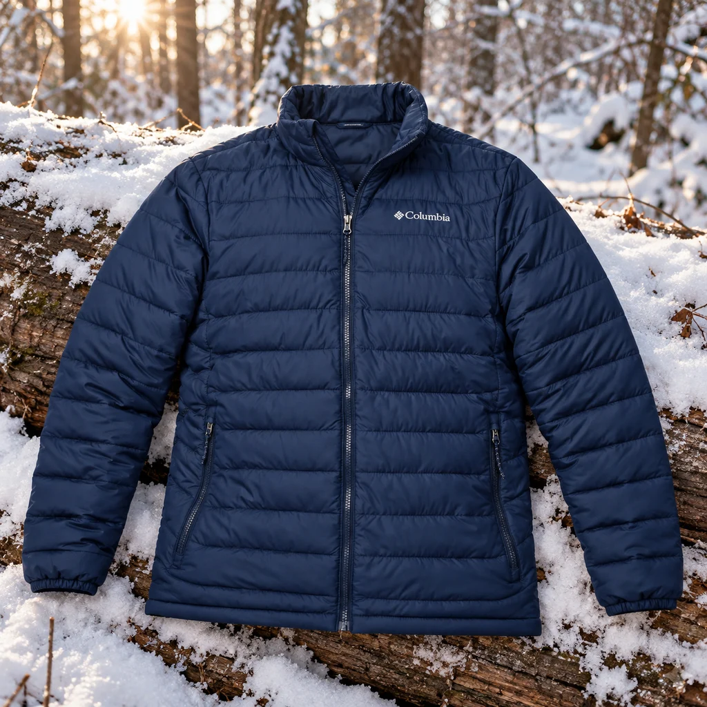 Columbia Powder Lite II insulated jacket on a snowy log in winter woodland