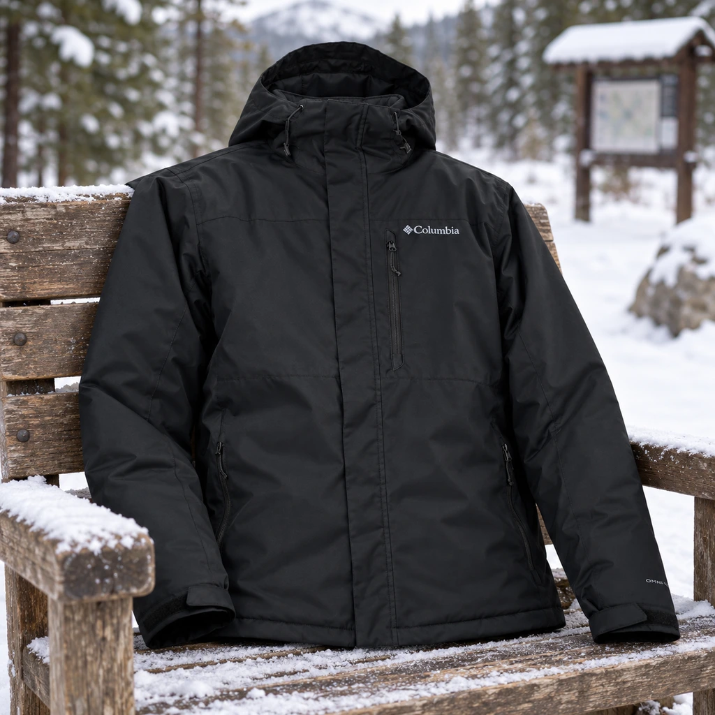 Columbia Tipton Peak III insulated jacket on a bench at a winter trailhead