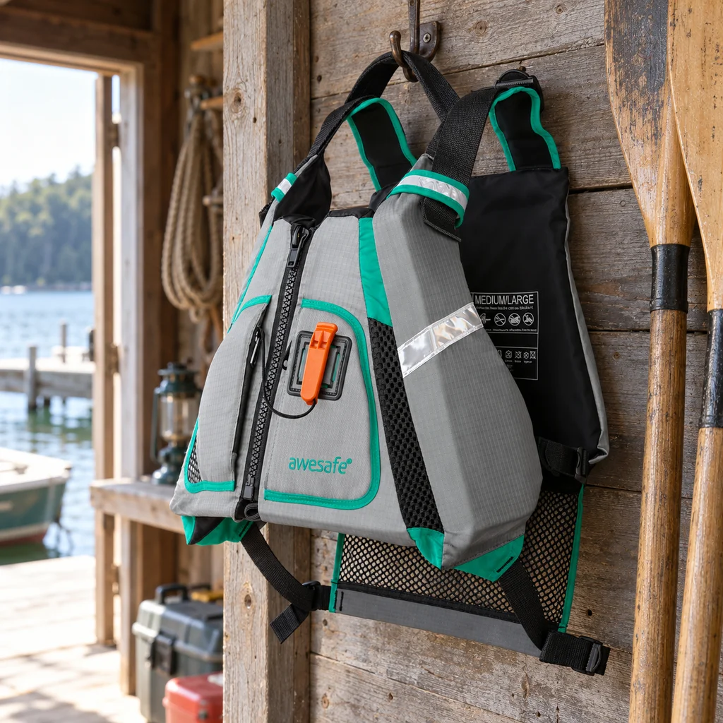 awesafe adult watersport vest hanging on a boathouse wall beside paddles