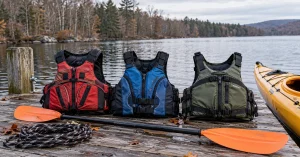 Three kayaking life jackets laid out on a wooden dock beside a paddle
