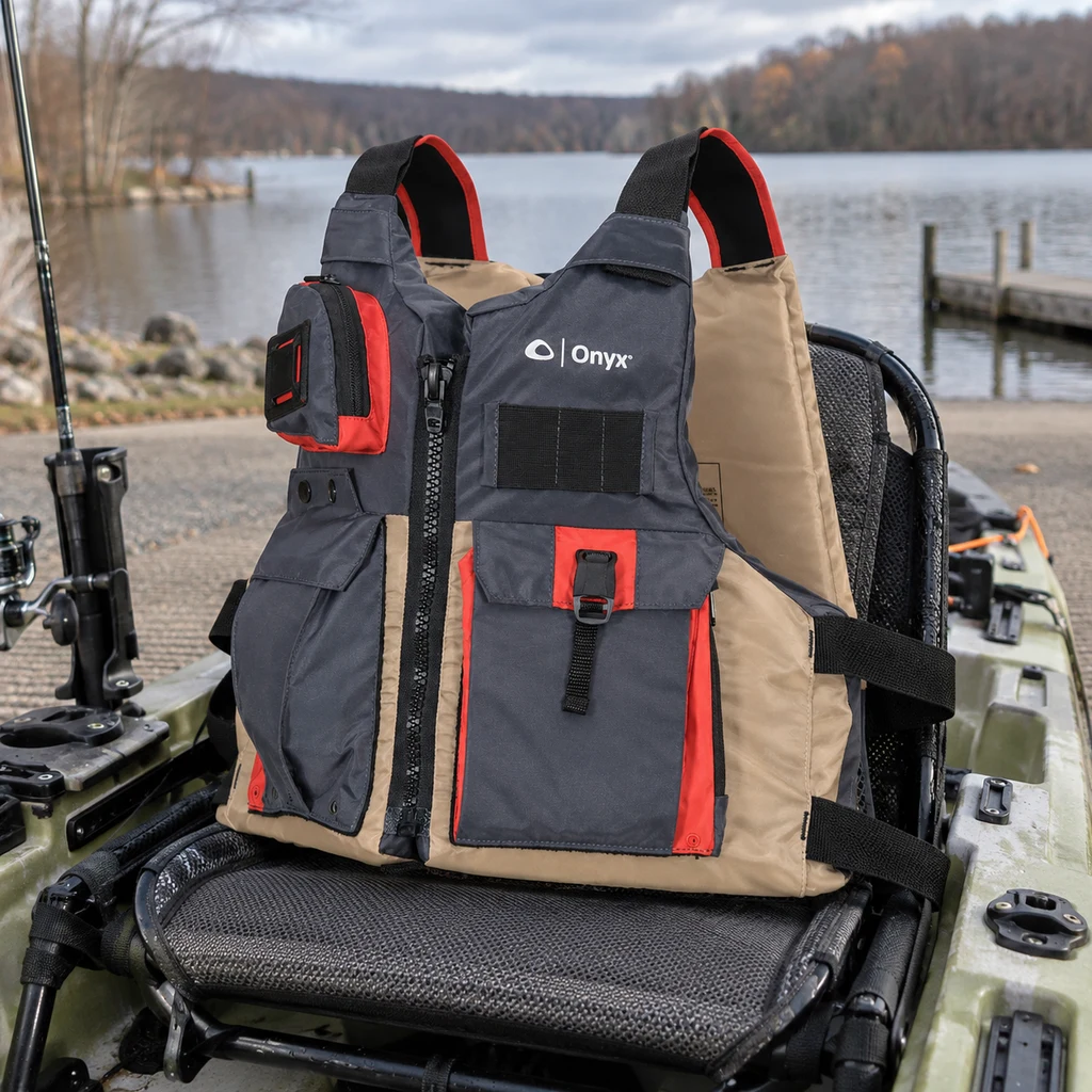 Onyx kayak fishing life jacket on the seat of a sit on top fishing kayak