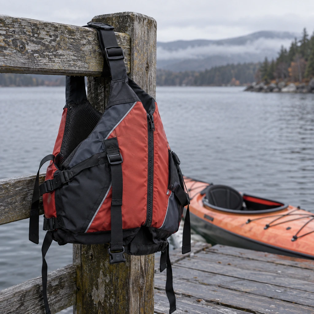 The best life jackets for kayaking hanging on a dock rail above cold water
