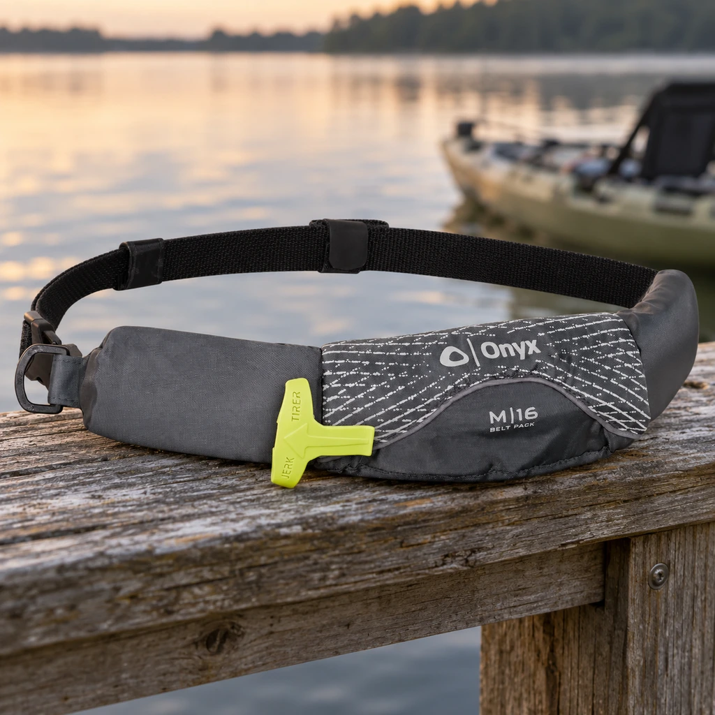 Onyx M-16 manual inflatable belt pack on a dock rail beside calm water