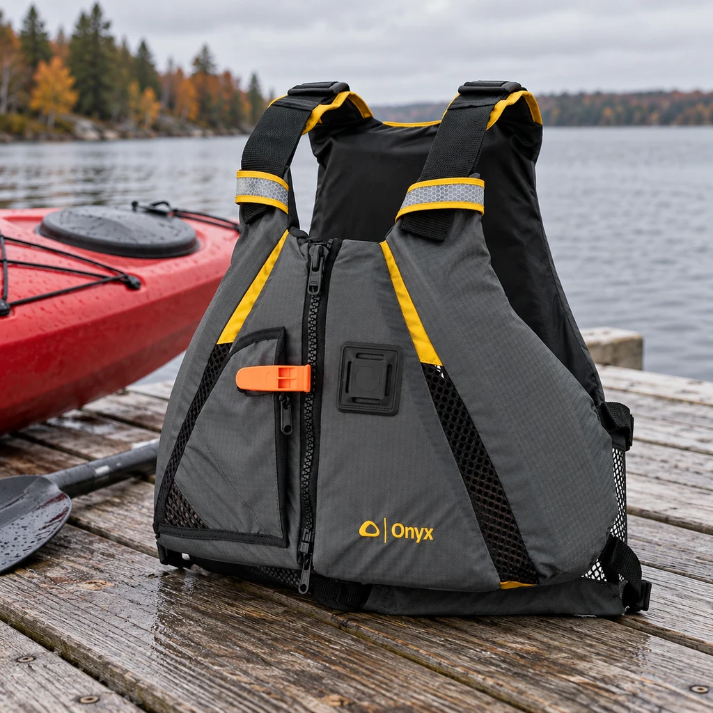 Onyx MoveVent Dynamic paddling vest on a wooden dock beside a kayak