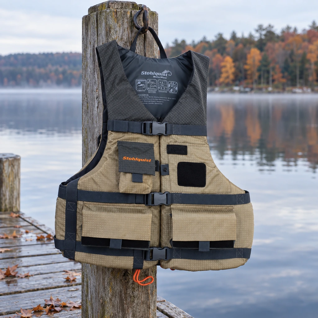 Stohlquist Fisherman lifejacket hanging from a post on a lakeside dock