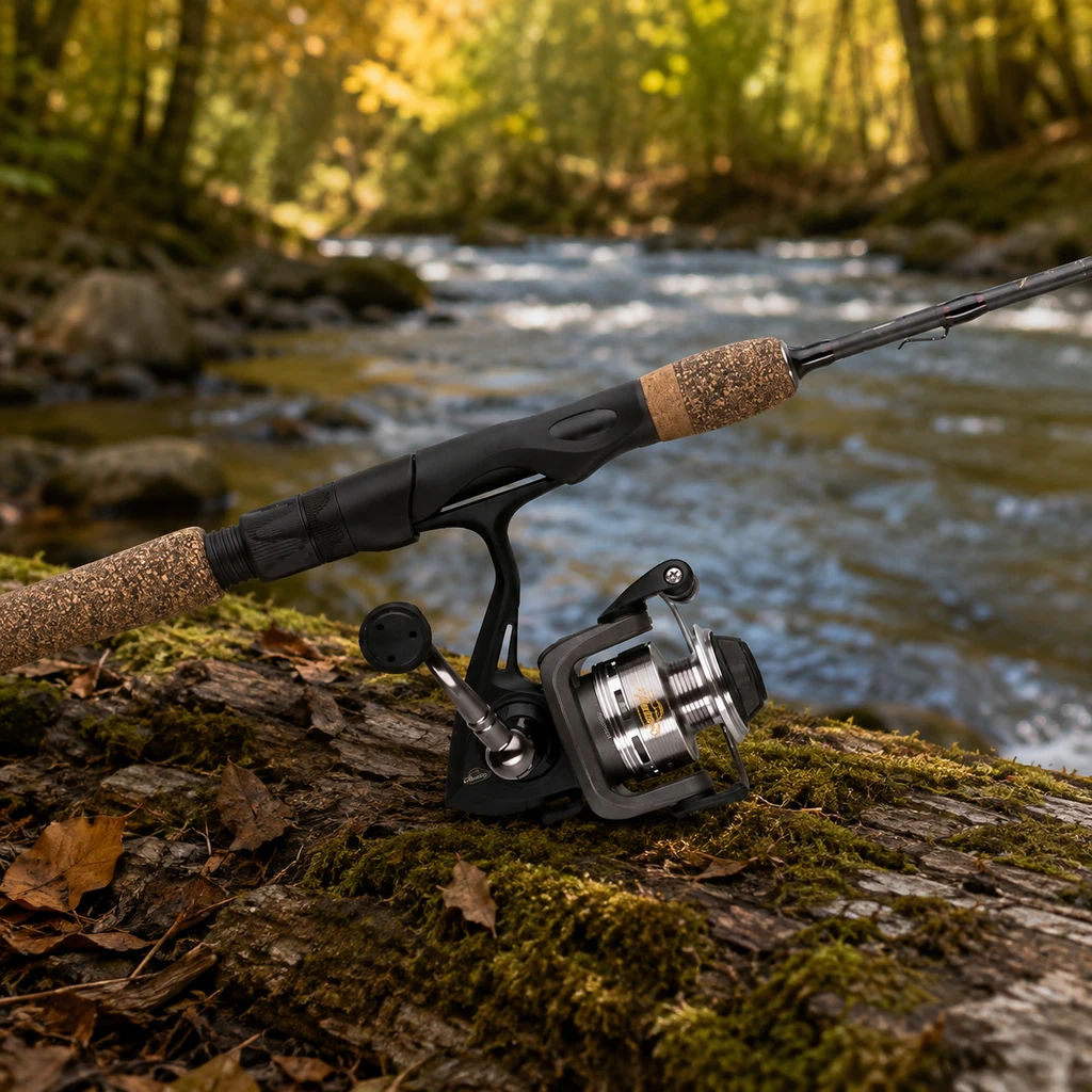 Berkley Lightning Rod spinning combo with cork grips resting on a mossy log
