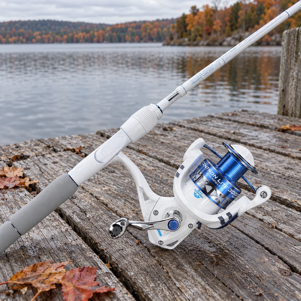 KastKing Centron Lite white spinning combo with blue spool on dock planks