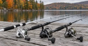 The best rod and reel combos laid side by side on a dock above an autumn lake