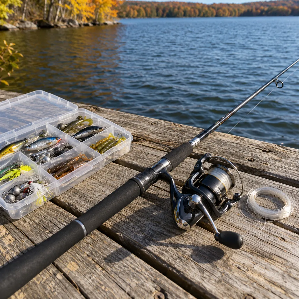 One of the best rod and reel combos on a dock beside an open tray of lures