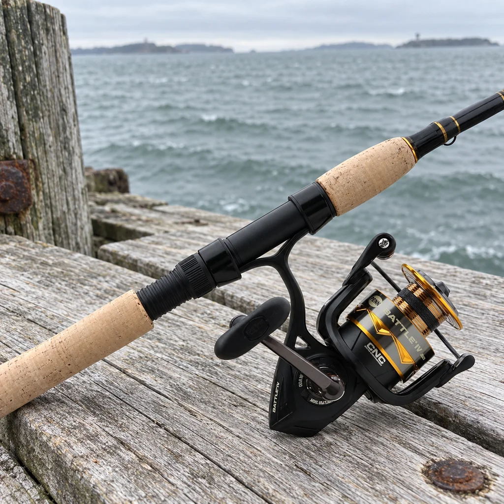 Penn Battle IV spinning combo with gold spool on sun bleached jetty boards