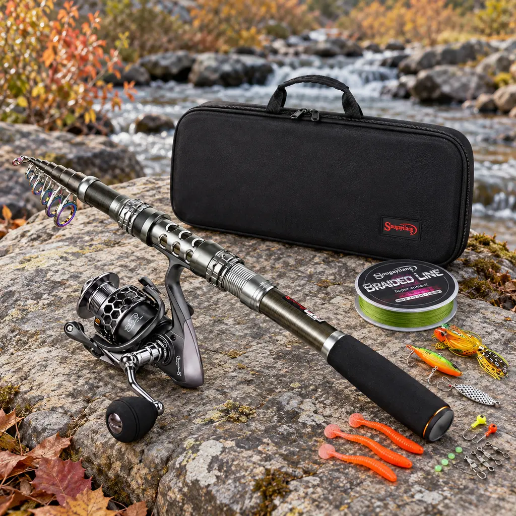 Sougayilang telescopic combo collapsed beside its carry case on a streamside rock