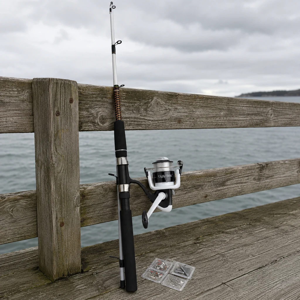 Ugly Stik Complete Kit rod and reel leaning on a pier rail with terminal tackle