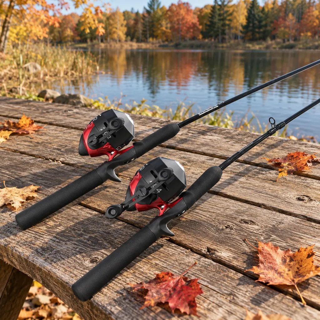 Zebco 202 and 404 push button spincast combos on a picnic table by a pond