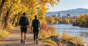 Two people rucking a riverside path in Boise, Idaho among yellow cottonwoods