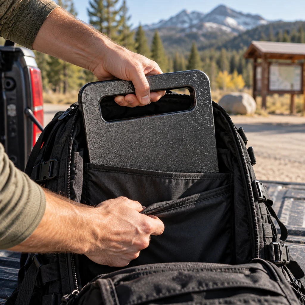 GORUCK Ruck Plate sliding into a rucking backpack at a Colorado trailhead
