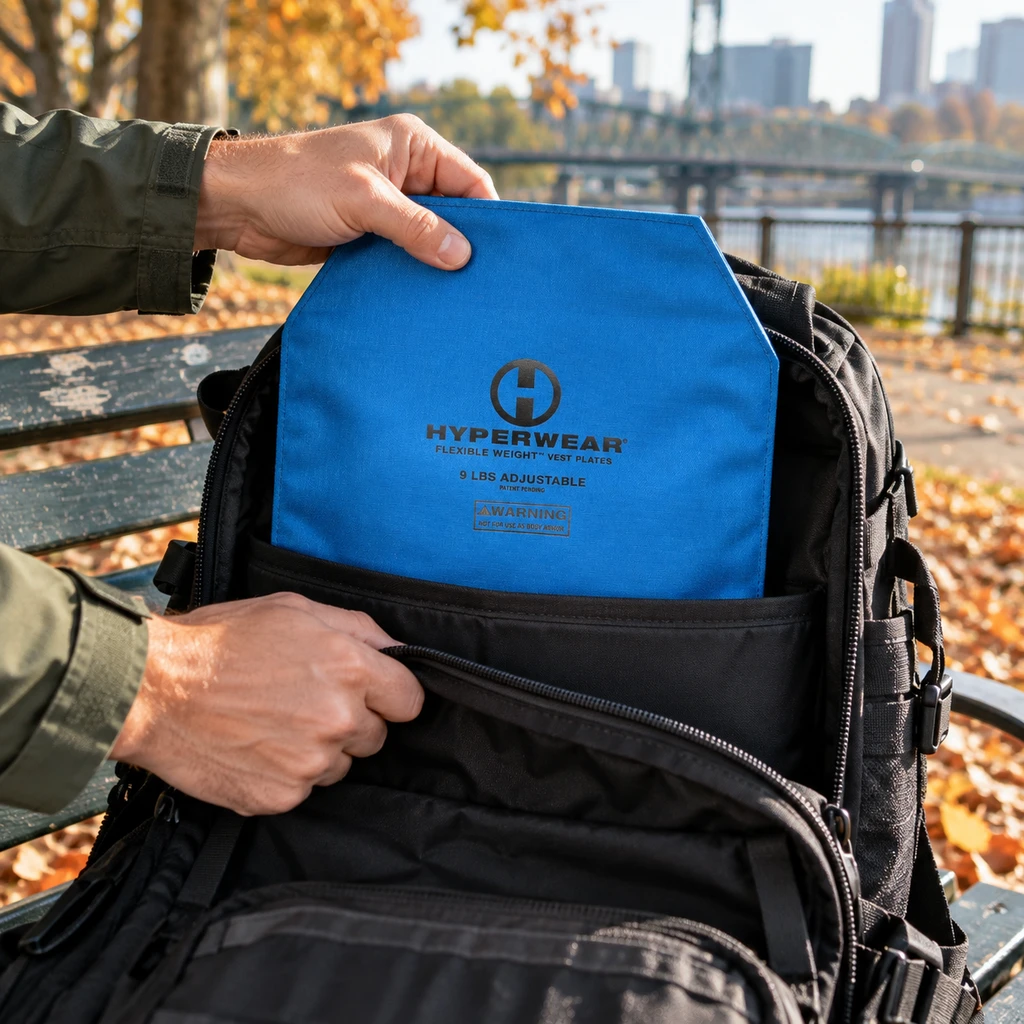 HYPERWEAR FlexLoad flexible plate going into a rucking backpack in Portland