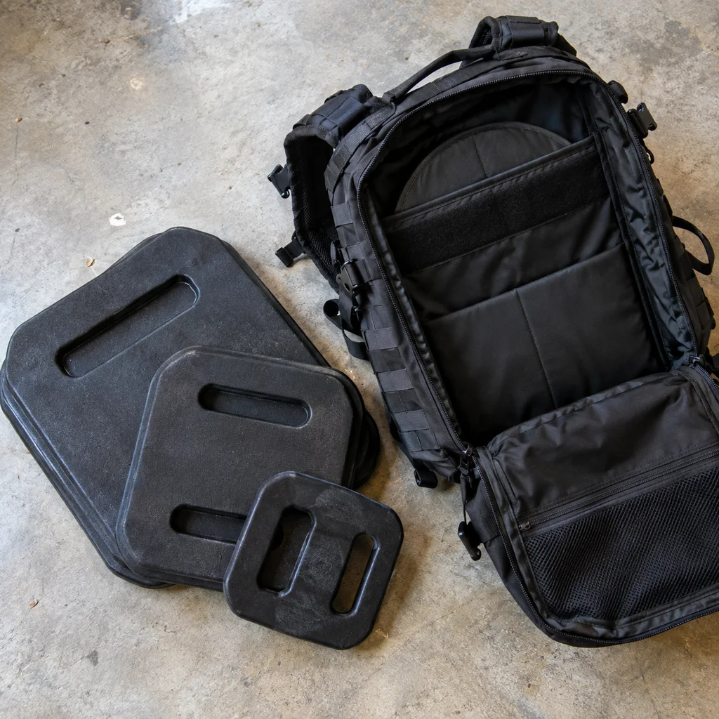 Best ruck plates laid out beside an open black rucking backpack