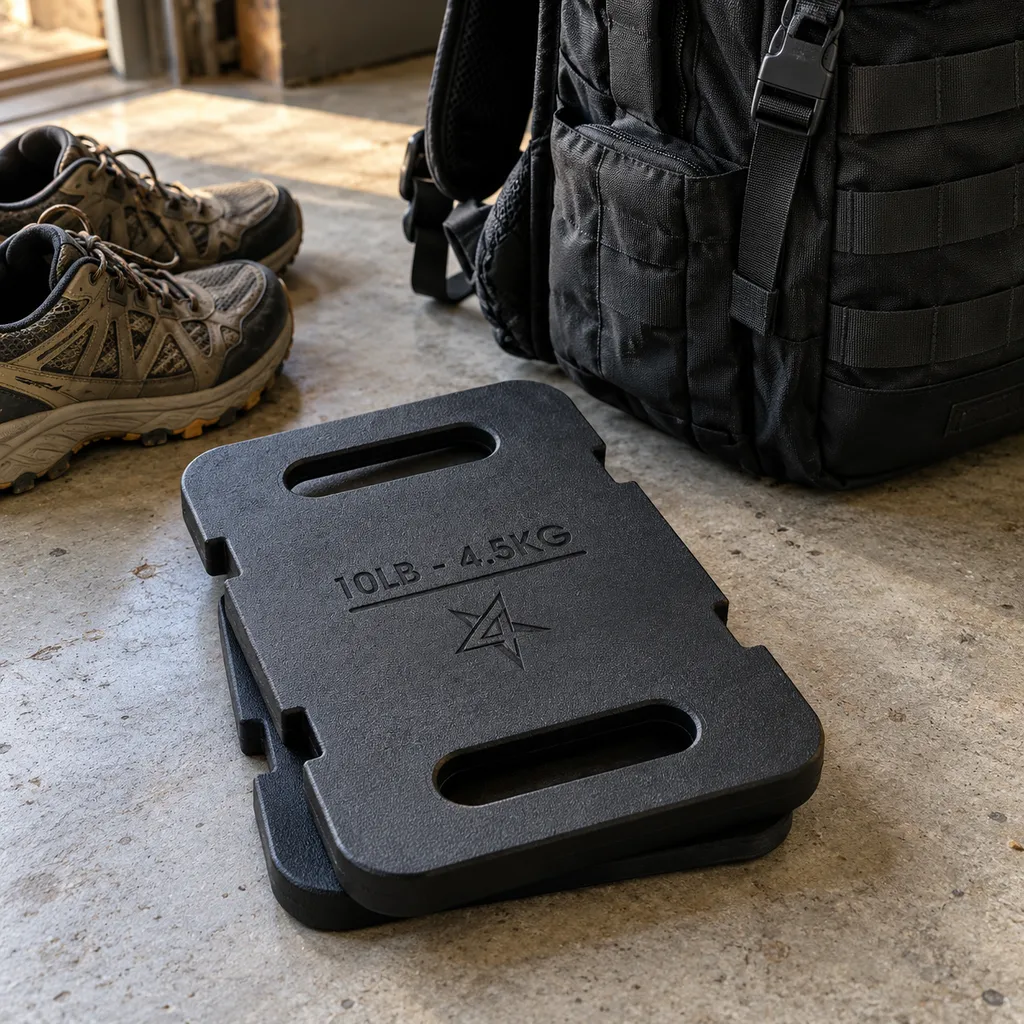 Two stacked Yes4All rucking plates beside a backpack and trail shoes