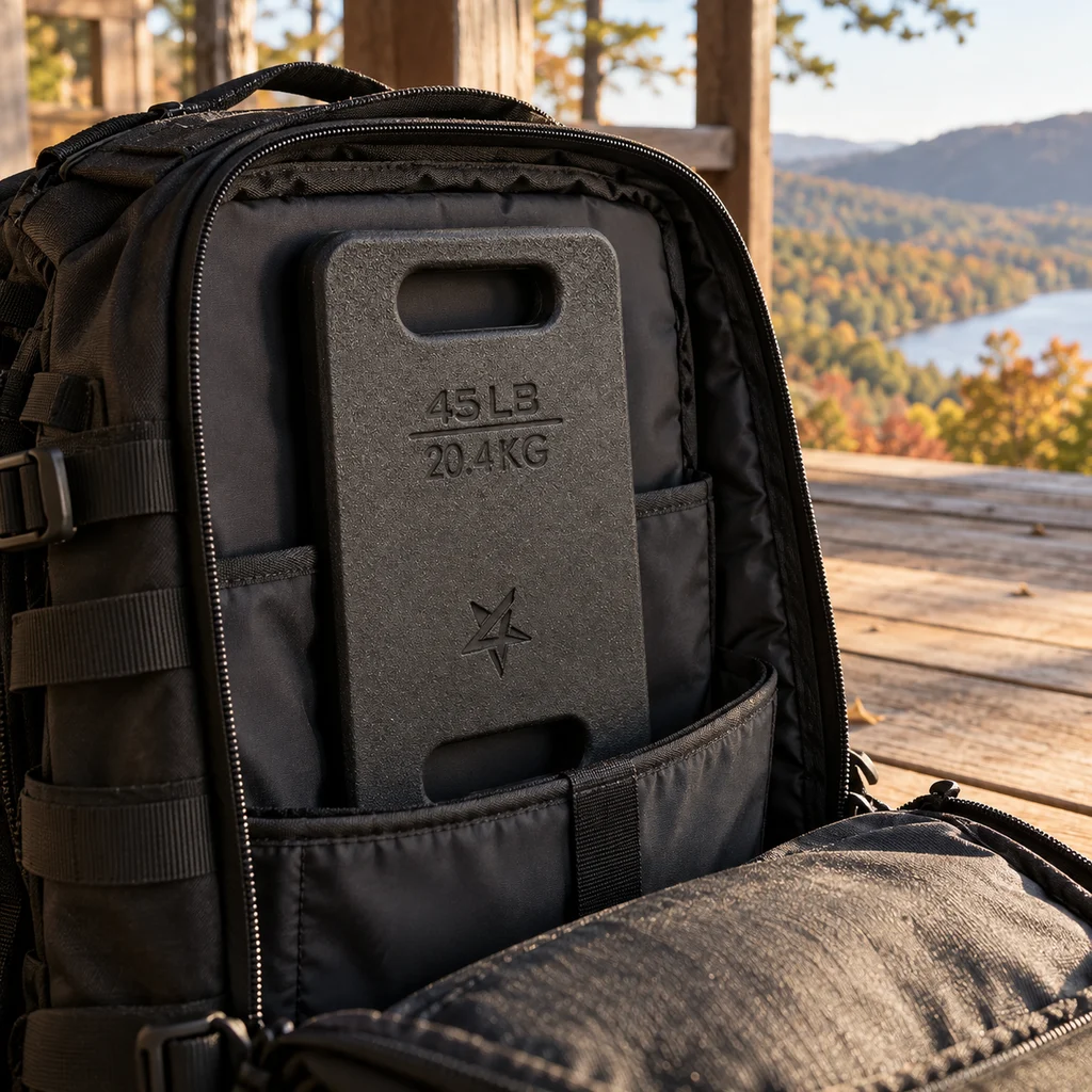Yes4All cast iron ruck weight in a backpack laptop sleeve on a porch