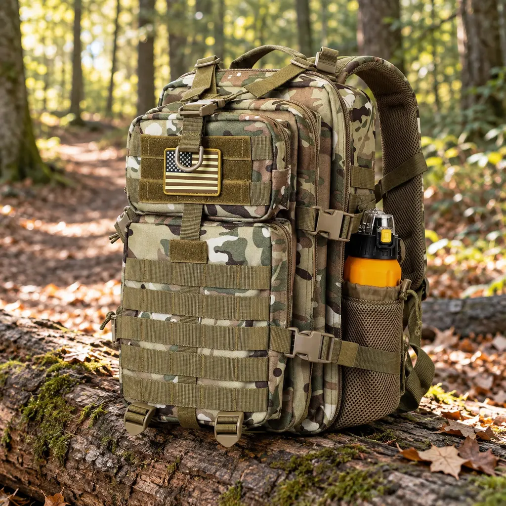 Hannibal Tactical 30L camouflage assault pack resting on a log in a forest