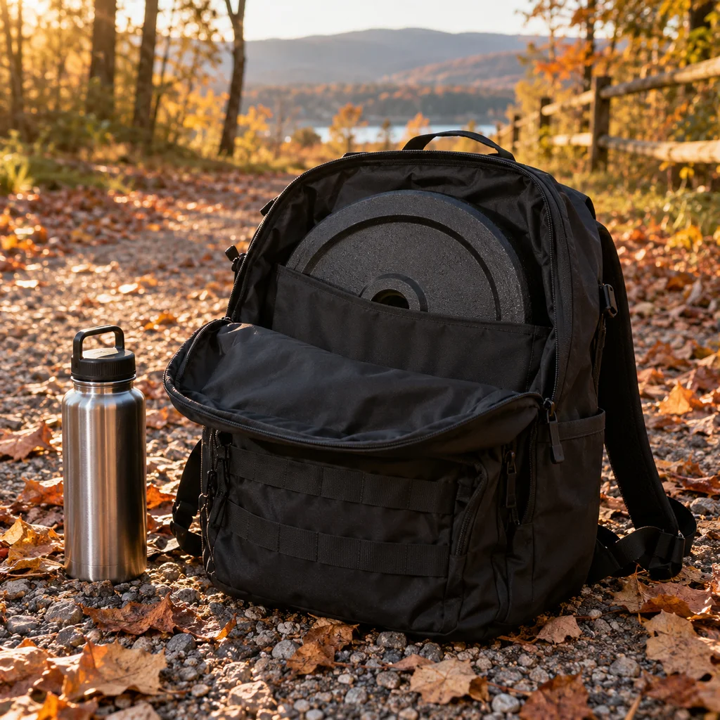 One of the best rucking backpacks open on a gravel path with a weight plate