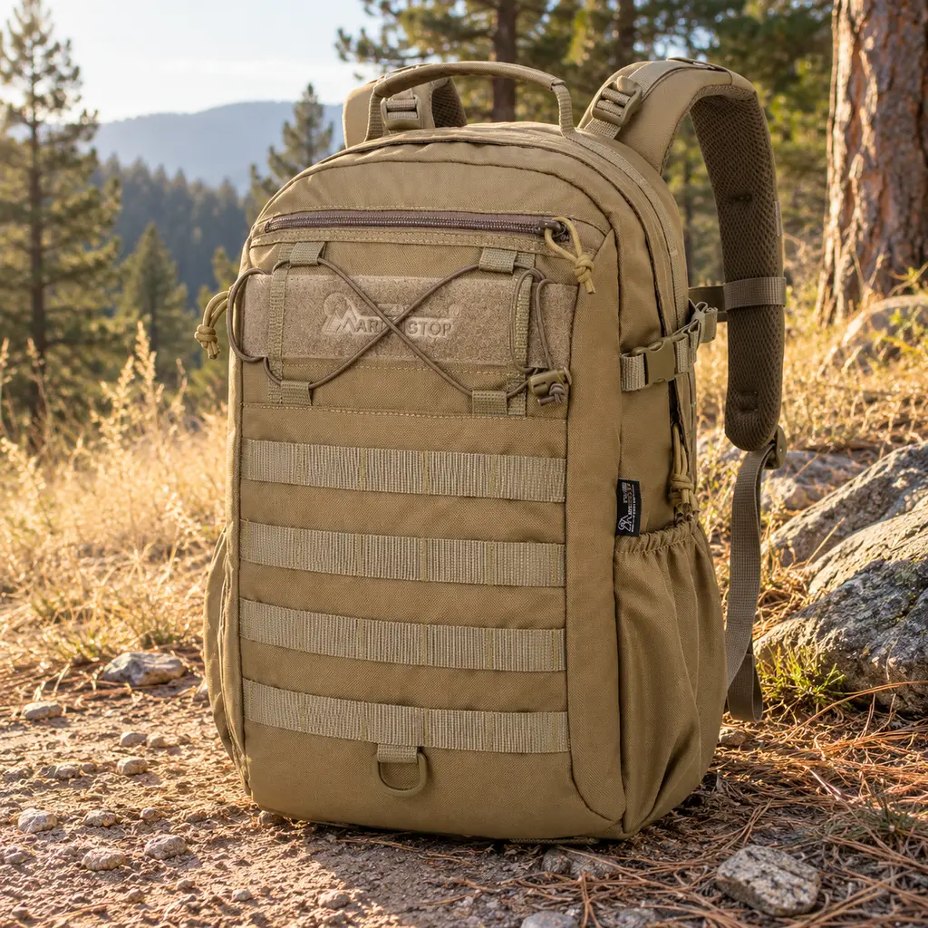 Mardingtop Tactical 30L coyote tan backpack on a dirt path beside dry grass