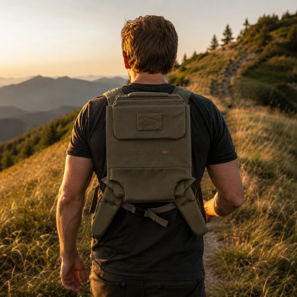 GORUCK Ruck Plate Carrier 3.0 worn on a grassy hill path at golden hour