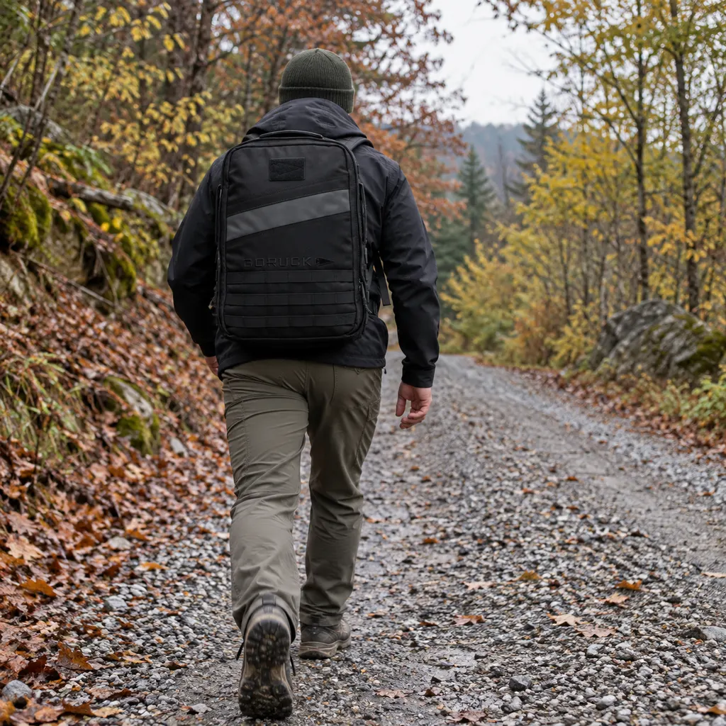 GORUCK Rucker 4.0 rucking backpack worn on a gravel fire road in autumn