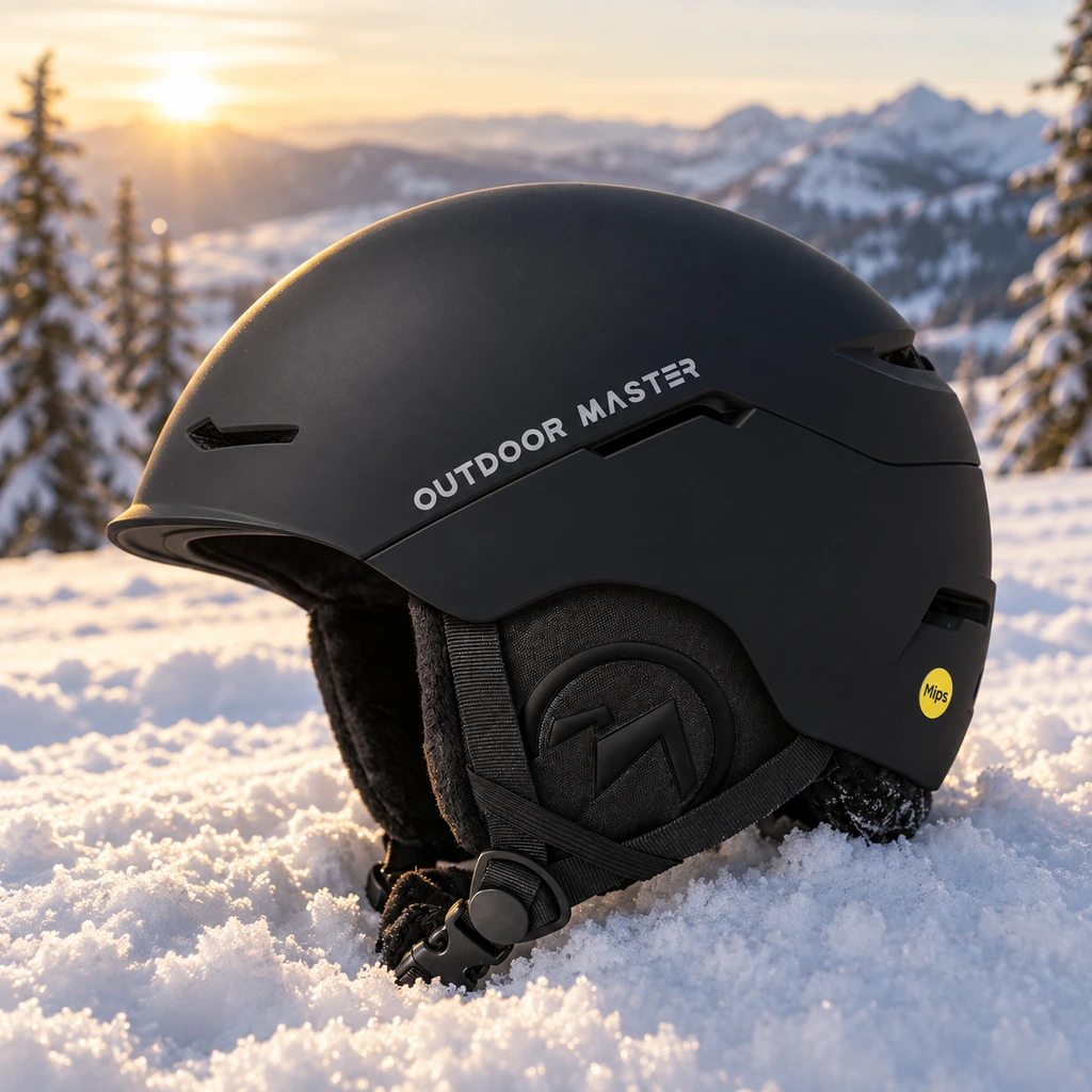 OutdoorMaster ELK MIPS helmet on fresh snow with a ridge line behind